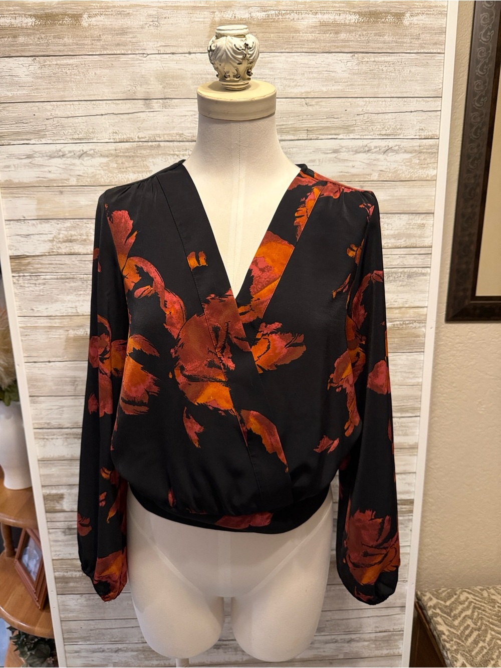 Women's Black Wrap Blouse with Red-Orange Floral Print XS
